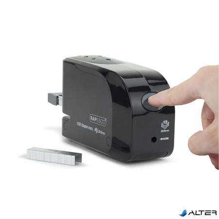 Tűzőgép, 26/6, 15 lap, elemes, USB töltővel, RAPESCO "626EL", fekete