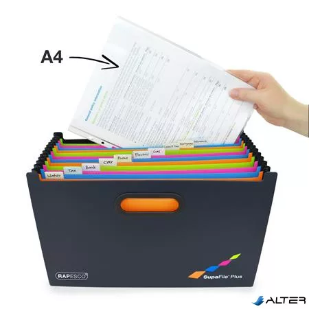 Harmonika irattartó, A4+, PP, 13 rekeszes, RAPESCO "SupaFile Plus", fekete