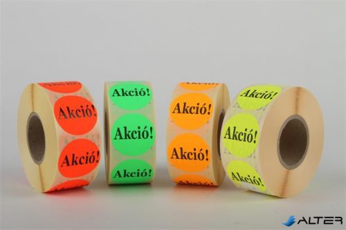 Etikett, 38 mm kör, 'AKCIÓ' felirattal, 1000 etikett/tekercs, narancs