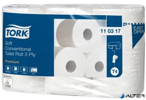 Toalettpapír, T4 rendszer, 3 rétegű, 12 cm átmérő, Premium, TORK "Soft", fehér