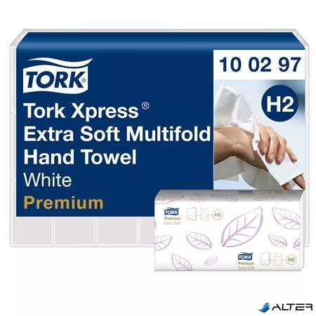 Kéztörlő, Interfold hajtás, H2 rendszer, 2 rétegű, 100 lap, Premium, TORK "Xpress Extra Soft Multifold", fehér