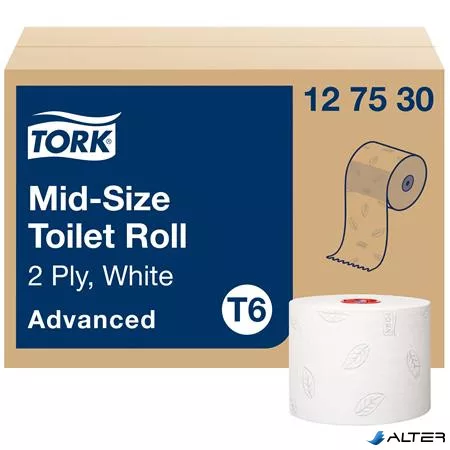 Toalettpapír, T6 rendszer, 2 rétegű, 13,2 cm átmérő, Advanced, TORK 'Mid-size', fehér