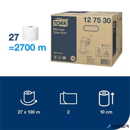 Toalettpapír, T6 rendszer, 2 rétegű, 13,2 cm átmérő, Advanced, TORK 'Mid-size', fehér