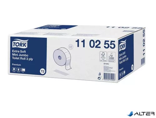 Toalettpapír, T2 rendszer, 3 rétegű, 18,7 cm ámérő, Premium, TORK "Mini Jumbo", fehér