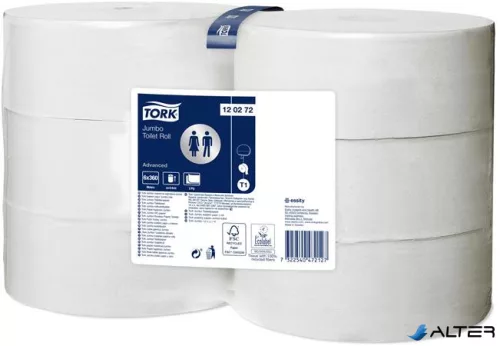 Toalettpapír, T1 rendszer, 2 rétegű, 26 cm átmérő, Advanced, TORK "Jumbo", fehér