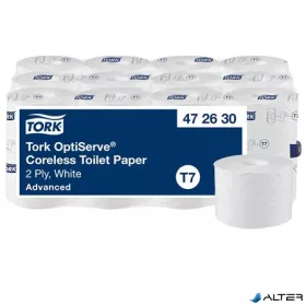   Toalettpapír, belsőmag nélküli, T7 rendszer, 2 rétegű, 13,1 cm átmérő, Advanced, TORK "OptiServe", fehér