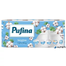   Toalettpapír, 3 rétegű, kistekercses, 8 tekercs, PUFINA "Sensitive Aquabond", illatmentes