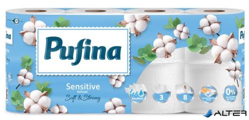 Toalettpapír, 3 rétegű, kistekercses, 8 tekercs, PUFINA "Sensitive Aquabond", illatmentes