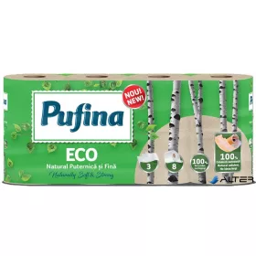   Toalettpapír, 3 rétegű, kistekercses, 8 tekercs, PUFINA "Eco", fehérítetlen és vegyszermentes
