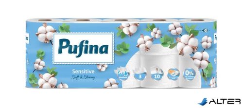 Toalettpapír, 3 rétegű, kistekercses, 10 tekercs, PUFINA "Sensitive Aquabond", illatmentes