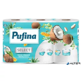   Toalettpapír, 4 rétegű, kistekercses, 6 tekercs, PUFINA "Relaxing Coconut", kókusz illattal