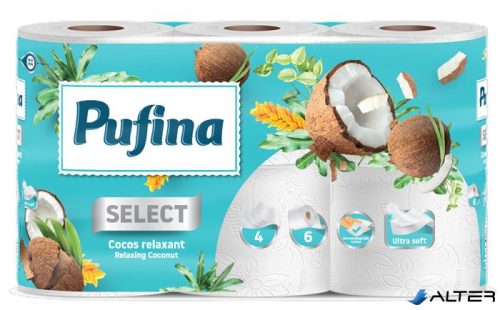 Toalettpapír, 4 rétegű, kistekercses, 6 tekercs, PUFINA "Relaxing Coconut", kókusz illattal