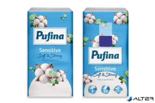 Papír zsebkendő, 3 rétegű, 10x10 db, PUFINA "Sensitive"
