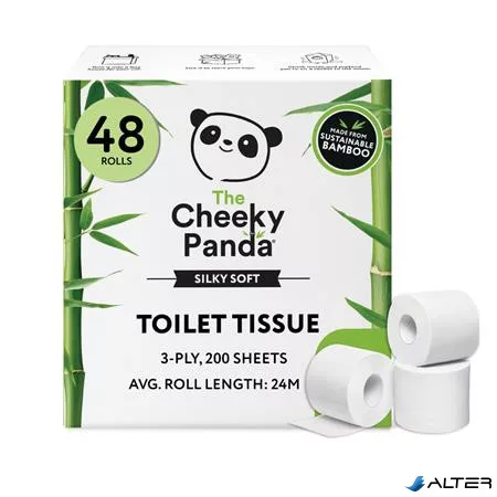 Toalettpapír, bambusz, 3 rétegű, kistekercses, 48 tekercs, CHEEKY PANDA, fehér