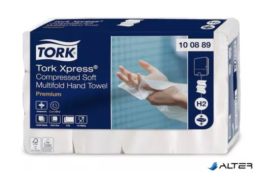Kéztörlő, tömörített, Interfold, 2 réteg, 225 lap, H2 rendszer, Premium, TORK "Xpress Soft Multifold", fehér