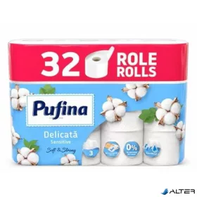   Toalettpapír, 3 rétegű, kistekercses, 32 tekercs, PUFINA "Sensitive", illatmentes