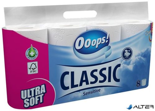 Toalettpapír, 3 rétegű, kistekercses, 8 tekercs, OOOPS "Classic", sensitive
