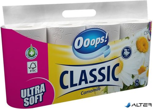 Toalettpapír, 3 rétegű, kistekercses, 8 tekercs, OOOPS "Classic", kamilla