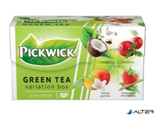 Zöld tea, 20x1,5 g, PICKWICK "Zöld tea Gyümölcsös Variációk", kókusz, vörösáfonya, eper-citromfű, mangó-jázmin