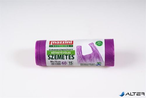 Szemeteszsák, újrahasznosított, köthető füles, 60 l, 15 db, 59x72 cm, 13 µ, MAZZINI, lila