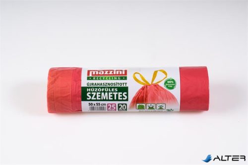 Szemeteszsák, újrahasznosított, húzófüles, 25 l, 20 db, 50x55 cm, 16 µ, MAZZINI, piros