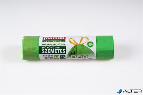 Szemeteszsák, újrahasznosított, húzófüles, 40 l, 15 db, 55x62 cm, 16 µ, MAZZINI, zöld
