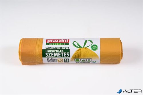 Szemeteszsák, újrahasznosított, húzófüles, 70 l, 15 db, 64x70 cm, 18 µ, MAZZINI, sárga