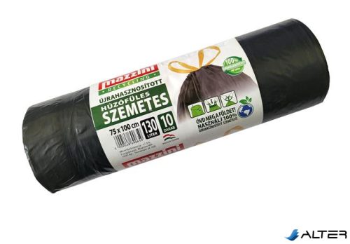 Szemeteszsák, újrahasznosított húzófüles, 130 l, 10 db, 75x100 cm, 32 µ, MAZZINI, fekete