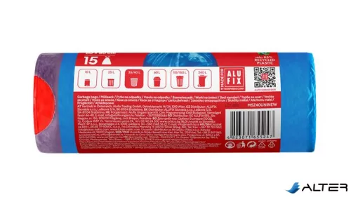 Szemeteszsák, zárószalagos, 40 l, 15 db, 60x60 cm, 20 µ, ALUFIX, kék