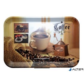   Tálca, szögletes, műanyag, kávéház mintás, 21x14 cm    