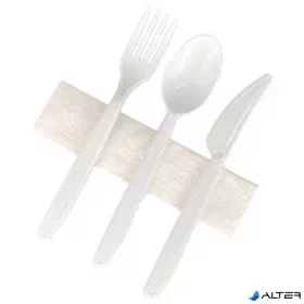   Evőeszköz készlet, műanyag, egyszer használatos, kanál, kés, villa, szalvéta, fehér