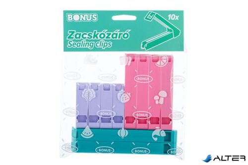 Zacskózáró csipesz, 10 db, BONUS, vegyes színek
