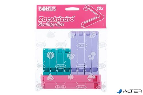 Zacskózáró csipesz, 10 db, BONUS, vegyes színek