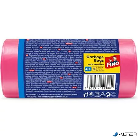 Szemeteszsák, köthető füles, illatosított, 40 l, 20 db, 52x61 cm, 16 µ, FINO "Premium handles", rózsaszín