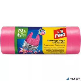   Szemeteszsák, köthető füles, illatosított, 70 l, 15 db, 62x73 cm, 16 µ, FINO "Premium handles", rózsaszín