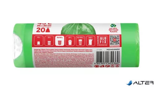 Szemeteszsák, zárószalagos, 45 l, 20 db, 60x60 cm, 14 µ, ALUFIX, "Prémium", zöld