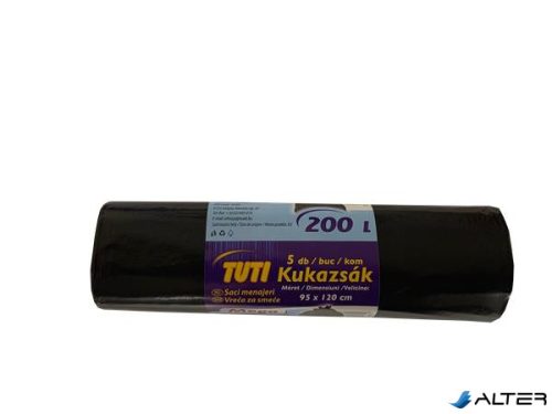 Szemeteszsák, extra erős, 200 l, 5 db, 95x120 cm, 38 µ, TUTI "Mega", fekete