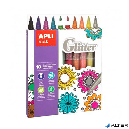 Filctoll készlet, 3,8 mm, csillámos, APLI Kids 'Markers Glitter', 10 különböző szín