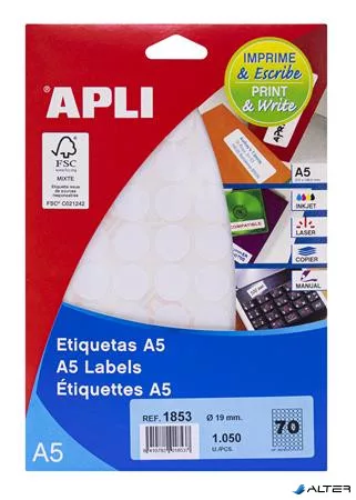 Etikett, 19 mm kör, fehér, A5 hordozón, APLI, 1050 etikett/csomag