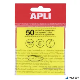   Öntapadó jegyzettömb, átlátszó, vízálló, 75x75 mm, 50 lap, APLI, sárga
