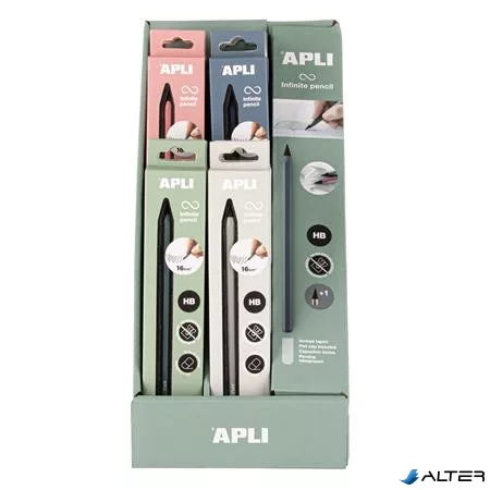 Töltőceruza display, HB, hatszögletű, csereheggyel, APLI 'Infinite', vegyes színek