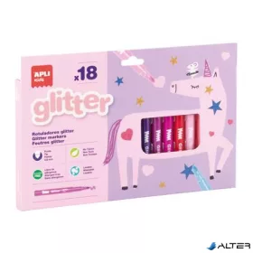   Filctoll készlet, 4,8 mm, kimosható, csillámos, APLI Kids "Glitter", 18 különböző szín