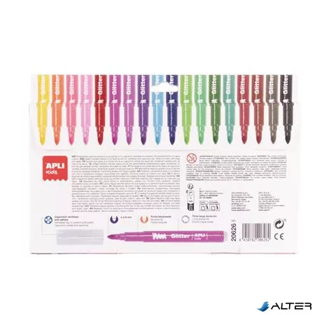 Filctoll készlet, 4,8 mm, kimosható, csillámos, APLI Kids "Glitter", 18 különböző szín
