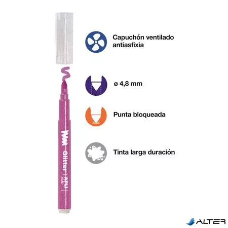 Filctoll készlet, 4,8 mm, kimosható, csillámos, APLI Kids "Glitter", 18 különböző szín