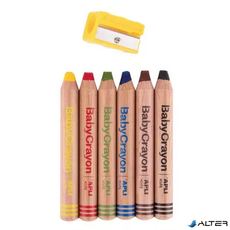 Színes ceruza készlet, vastag, hegyezővel, 3 az 1-ben, APLI Kids "Baby Crayon", 6 különböző szín