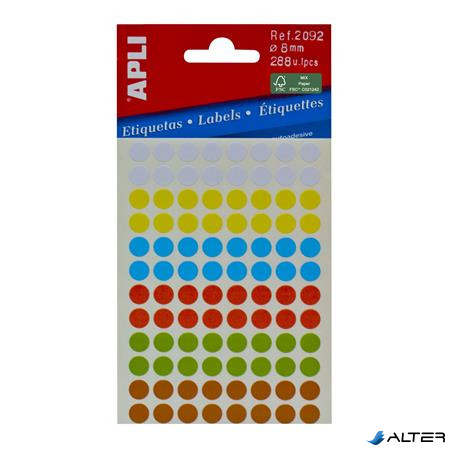 Etikett, 8 mm, kör, kézzel írható, színes, APLI, vegyes színek, 288 etikett/csomag