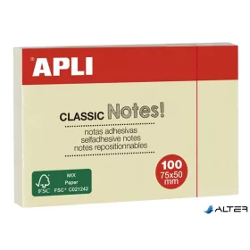   Öntapadó jegyzettömb, 75x50 mm, 100 lap, APLI "Classic", sárga