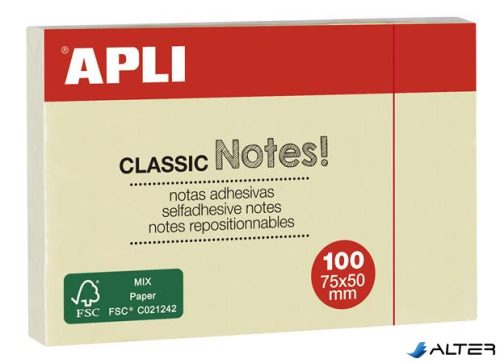 Öntapadó jegyzettömb, 50x75 mm, 100 lap, APLI "Classic", sárga