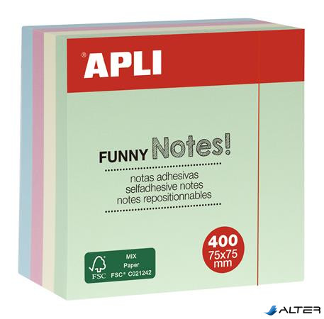 Öntapadó jegyzettömb, 75x75 mm, 400 lap, APLI "Funny", pasztell