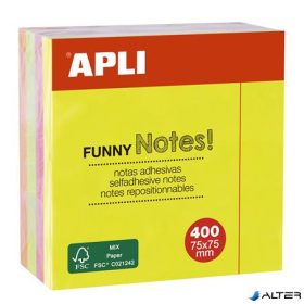   Öntapadó jegyzettömb, 75x75 mm, 400 lap, APLI "Funny", neon